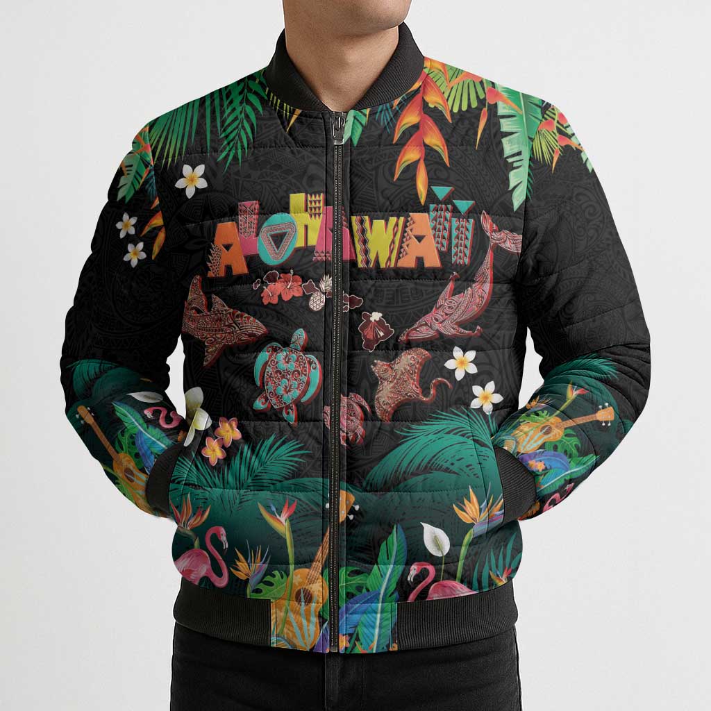 Hawaiian Alohawaii Bomber Puffer Jacket Tribal Sea Animals Tattoo and Tropical Plants LT03 - Polynesian Pride