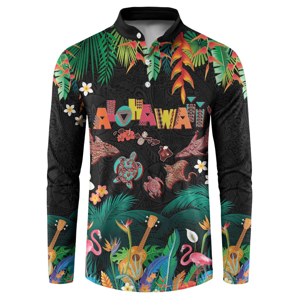 Hawaiian Alohawaii Button Sweatshirt Tribal Sea Animals Tattoo and Tropical Plants LT03 Black - Polynesian Pride