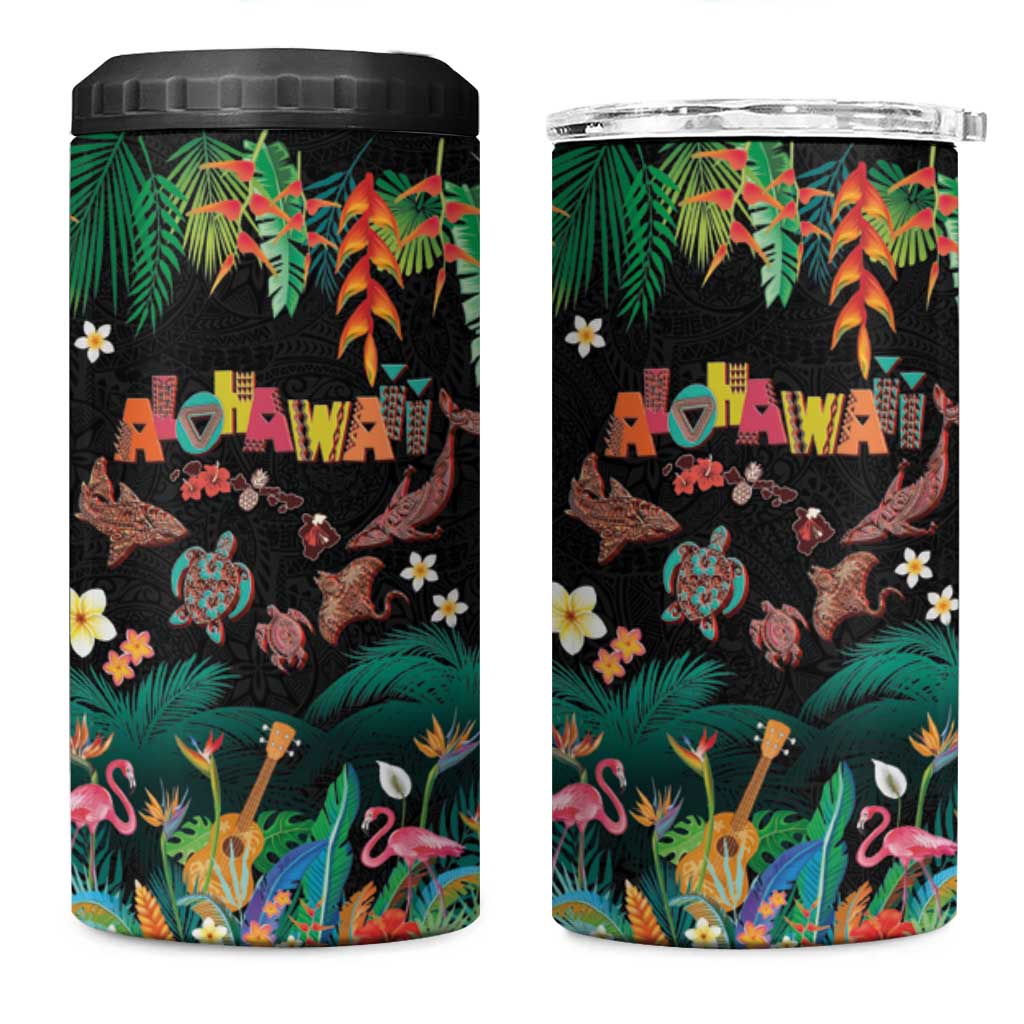Hawaiian Alohawaii 4 in 1 Can Cooler Tumbler Tribal Sea Animals Tattoo and Tropical Plants - Polynesian Pride