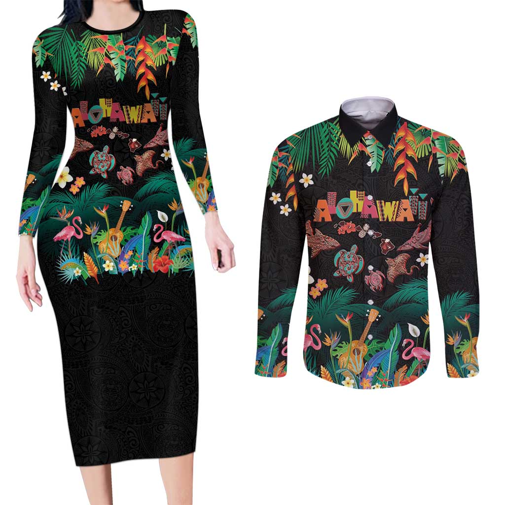 Hawaiian Alohawaii Couples Matching Long Sleeve Bodycon Dress and Long Sleeve Button Shirt Tribal Sea Animals Tattoo and Tropical Plants - Polynesian Pride