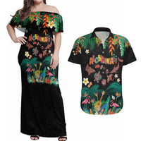 Hawaiian Alohawaii Couples Matching Off Shoulder Maxi Dress and Hawaiian Shirt Tribal Sea Animals Tattoo and Tropical Plants - Polynesian Pride