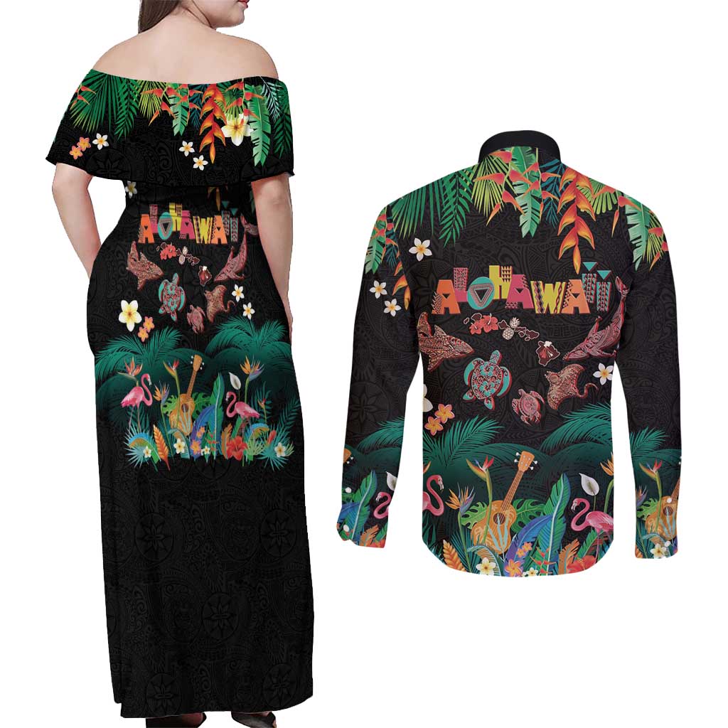 Hawaiian Alohawaii Couples Matching Off Shoulder Maxi Dress and Long Sleeve Button Shirt Tribal Sea Animals Tattoo and Tropical Plants - Polynesian Pride