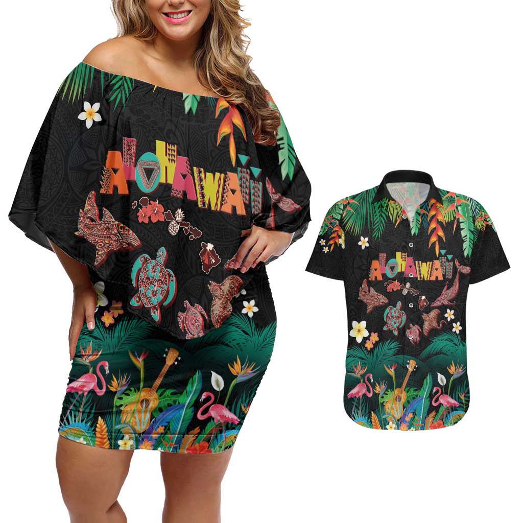 Hawaiian Alohawaii Couples Matching Off Shoulder Short Dress and Hawaiian Shirt Tribal Sea Animals Tattoo and Tropical Plants - Polynesian Pride