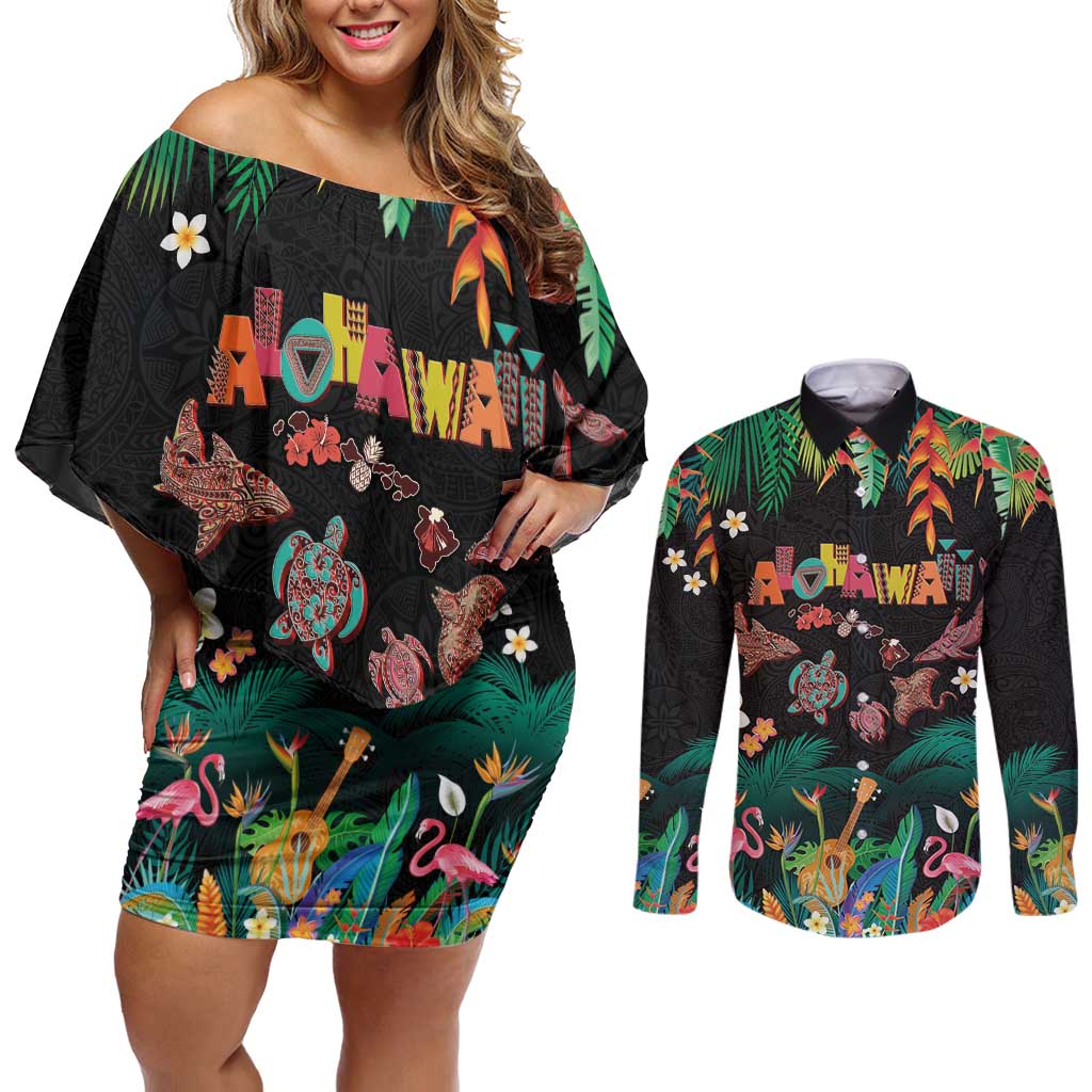 Hawaiian Alohawaii Couples Matching Off Shoulder Short Dress and Long Sleeve Button Shirt Tribal Sea Animals Tattoo and Tropical Plants - Polynesian Pride