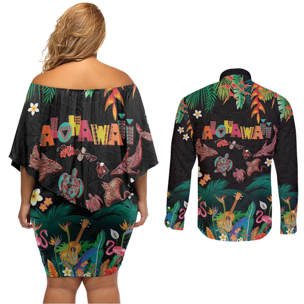 Hawaiian Alohawaii Couples Matching Off Shoulder Short Dress and Long Sleeve Button Shirt Tribal Sea Animals Tattoo and Tropical Plants - Polynesian Pride