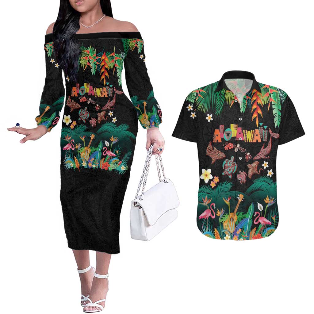 Hawaiian Alohawaii Couples Matching Off The Shoulder Long Sleeve Dress and Hawaiian Shirt Tribal Sea Animals Tattoo and Tropical Plants - Polynesian Pride