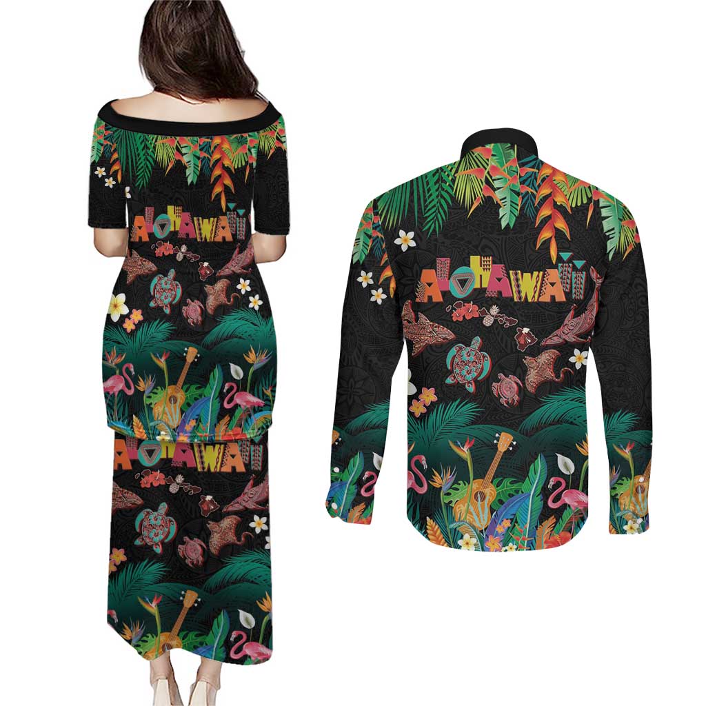 Hawaiian Alohawaii Couples Matching Puletasi and Long Sleeve Button Shirt Tribal Sea Animals Tattoo and Tropical Plants - Polynesian Pride