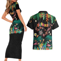 Hawaiian Alohawaii Couples Matching Short Sleeve Bodycon Dress and Hawaiian Shirt Tribal Sea Animals Tattoo and Tropical Plants - Polynesian Pride
