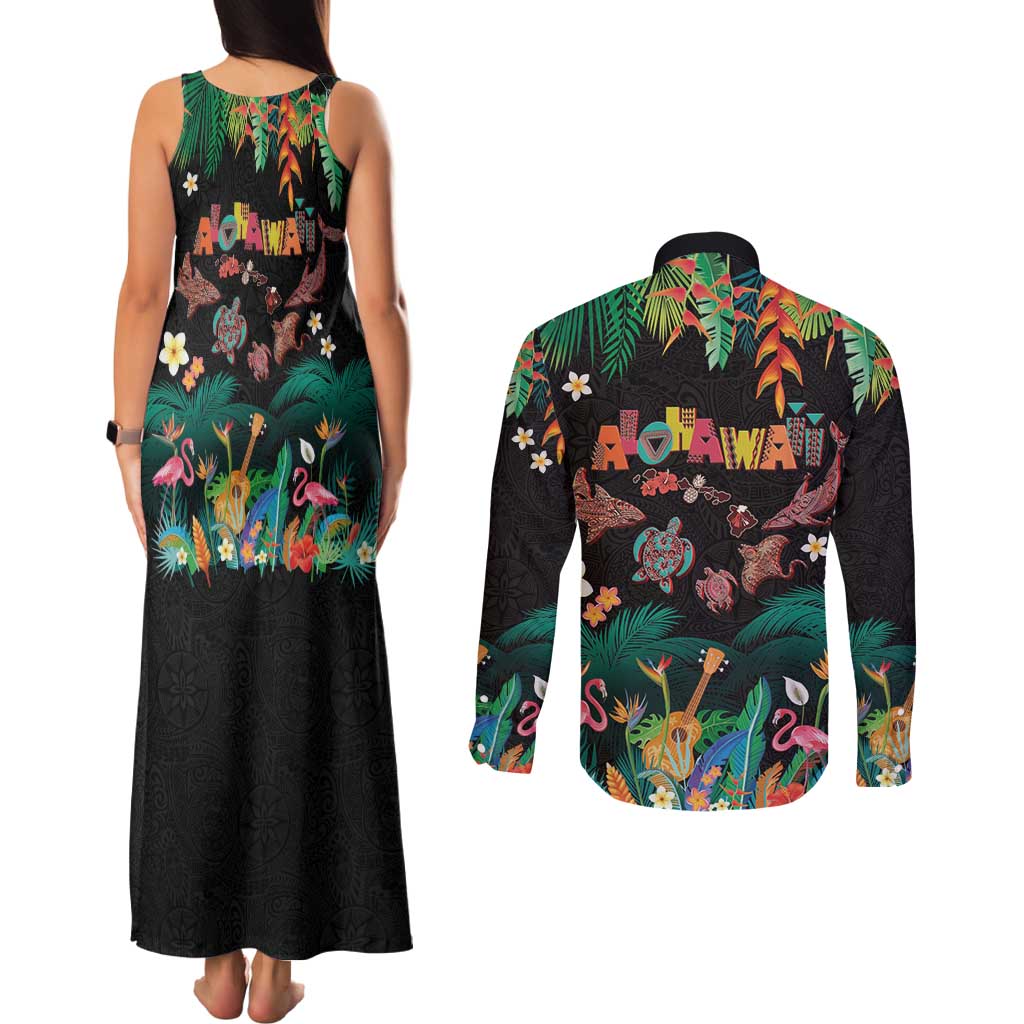 Hawaiian Alohawaii Couples Matching Tank Maxi Dress and Long Sleeve Button Shirt Tribal Sea Animals Tattoo and Tropical Plants - Polynesian Pride