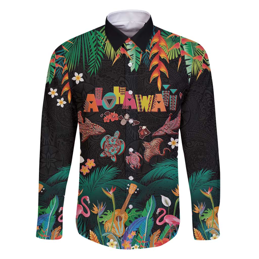 Hawaiian Alohawaii Family Matching Long Sleeve Bodycon Dress and Hawaiian Shirt Tribal Sea Animals Tattoo and Tropical Plants - Polynesian Pride