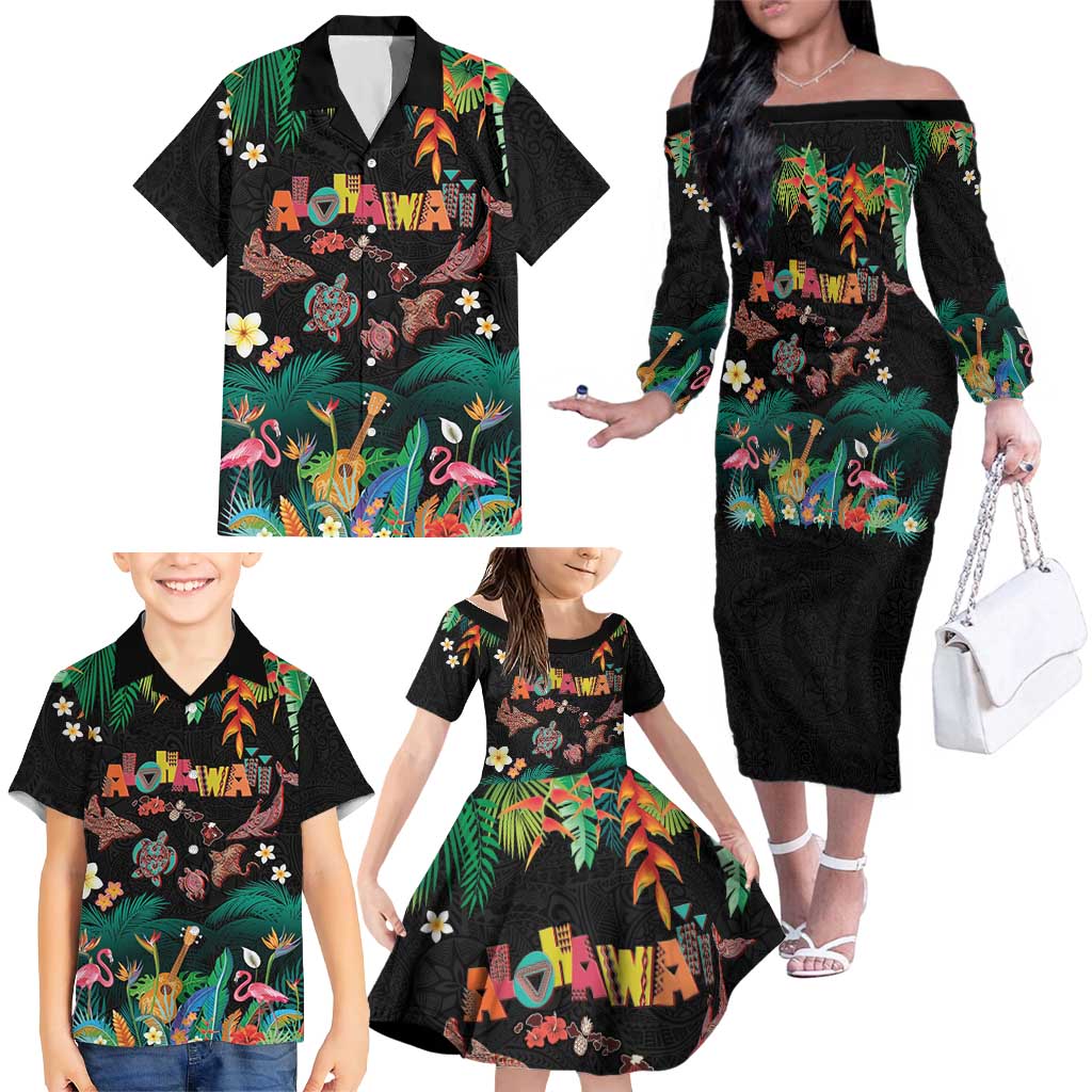 Hawaiian Alohawaii Family Matching Off The Shoulder Long Sleeve Dress and Hawaiian Shirt Tribal Sea Animals Tattoo and Tropical Plants - Polynesian Pride
