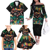Hawaiian Alohawaii Family Matching Off The Shoulder Long Sleeve Dress and Hawaiian Shirt Tribal Sea Animals Tattoo and Tropical Plants - Polynesian Pride