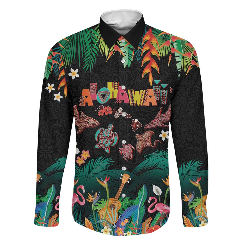 Hawaiian Alohawaii Family Matching Off The Shoulder Long Sleeve Dress and Hawaiian Shirt Tribal Sea Animals Tattoo and Tropical Plants - Polynesian Pride