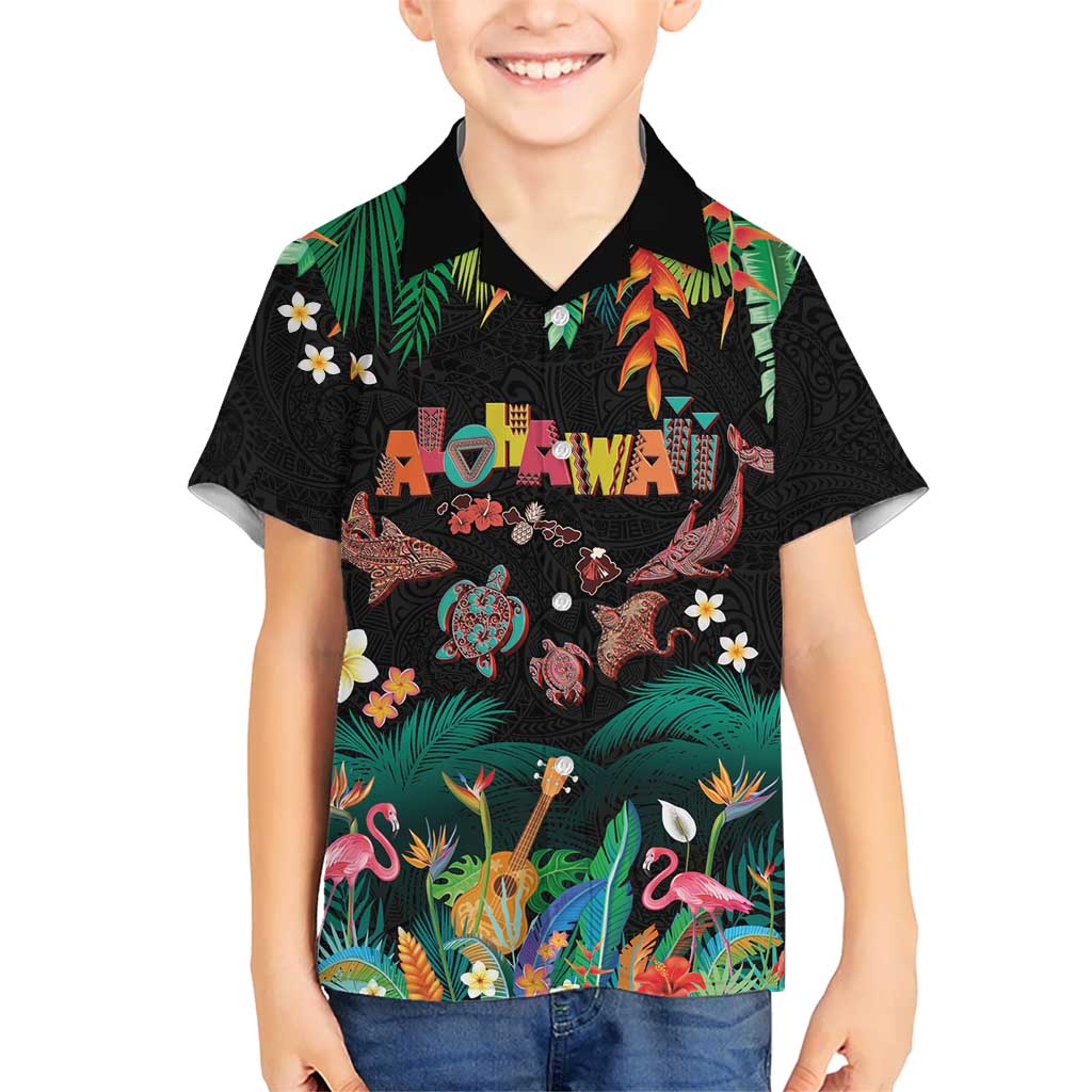 Hawaiian Alohawaii Family Matching Off The Shoulder Long Sleeve Dress and Hawaiian Shirt Tribal Sea Animals Tattoo and Tropical Plants - Polynesian Pride