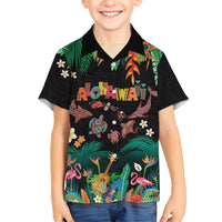 Hawaiian Alohawaii Family Matching Off The Shoulder Long Sleeve Dress and Hawaiian Shirt Tribal Sea Animals Tattoo and Tropical Plants - Polynesian Pride