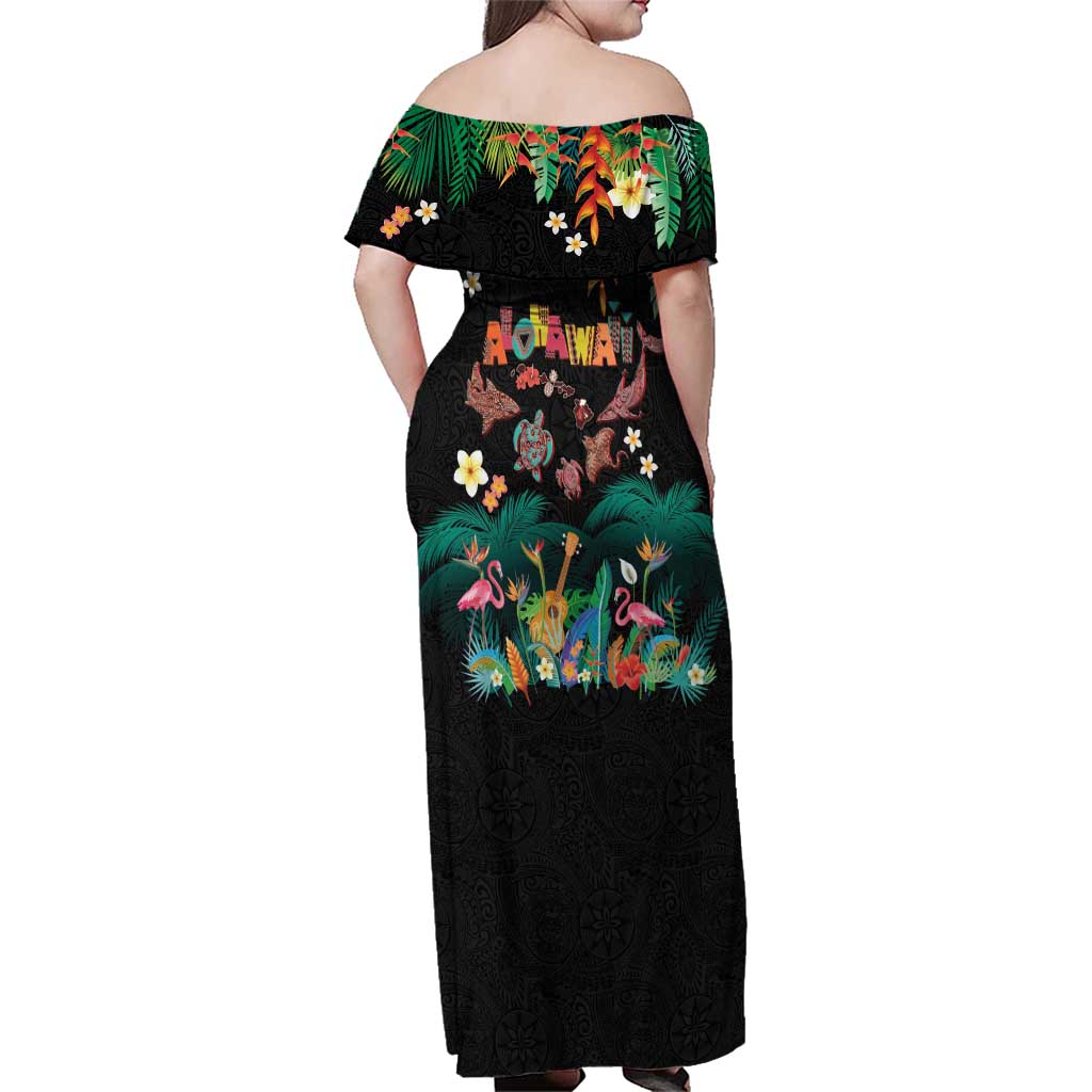 Hawaiian Alohawaii Family Matching Off Shoulder Maxi Dress and Hawaiian Shirt Tribal Sea Animals Tattoo and Tropical Plants - Polynesian Pride