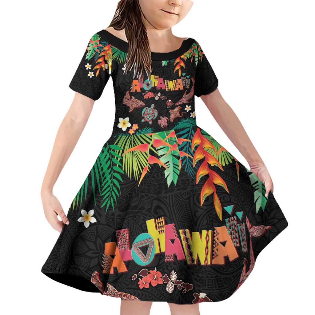 Hawaiian Alohawaii Family Matching Off Shoulder Short Dress and Hawaiian Shirt Tribal Sea Animals Tattoo and Tropical Plants - Polynesian Pride