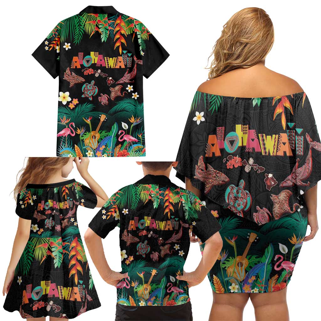 Hawaiian Alohawaii Family Matching Off Shoulder Short Dress and Hawaiian Shirt Tribal Sea Animals Tattoo and Tropical Plants - Polynesian Pride