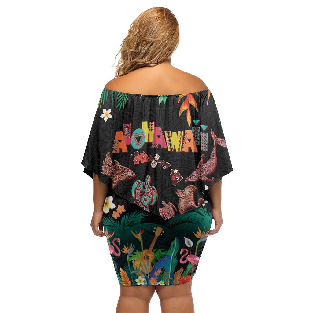Hawaiian Alohawaii Family Matching Off Shoulder Short Dress and Hawaiian Shirt Tribal Sea Animals Tattoo and Tropical Plants - Polynesian Pride