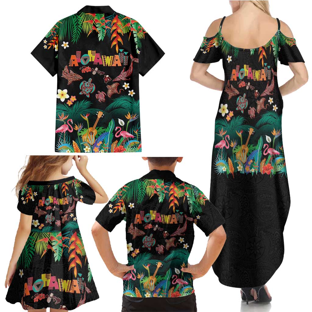 Hawaiian Alohawaii Family Matching Summer Maxi Dress and Hawaiian Shirt Tribal Sea Animals Tattoo and Tropical Plants - Polynesian Pride