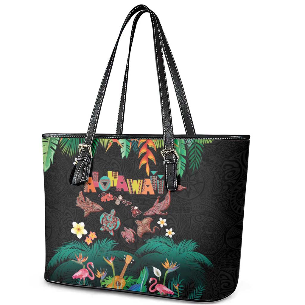 Hawaiian Alohawaii Leather Tote Bag Tribal Sea Animals Tattoo and Tropical Plants - Polynesian Pride