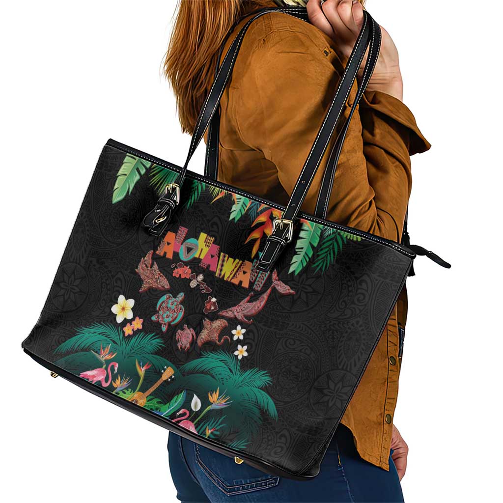 Hawaiian Alohawaii Leather Tote Bag Tribal Sea Animals Tattoo and Tropical Plants - Polynesian Pride