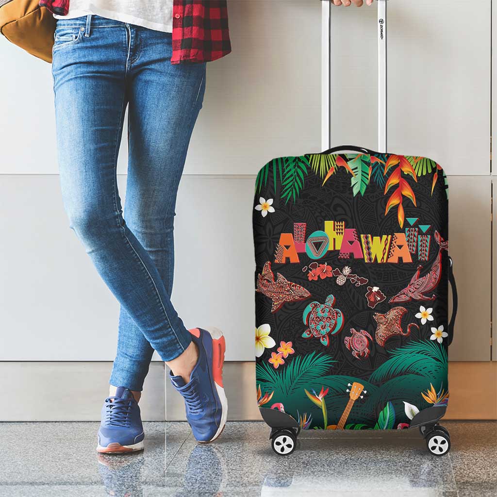 Hawaiian Alohawaii Luggage Cover Tribal Sea Animals Tattoo and Tropical Plants - Polynesian Pride