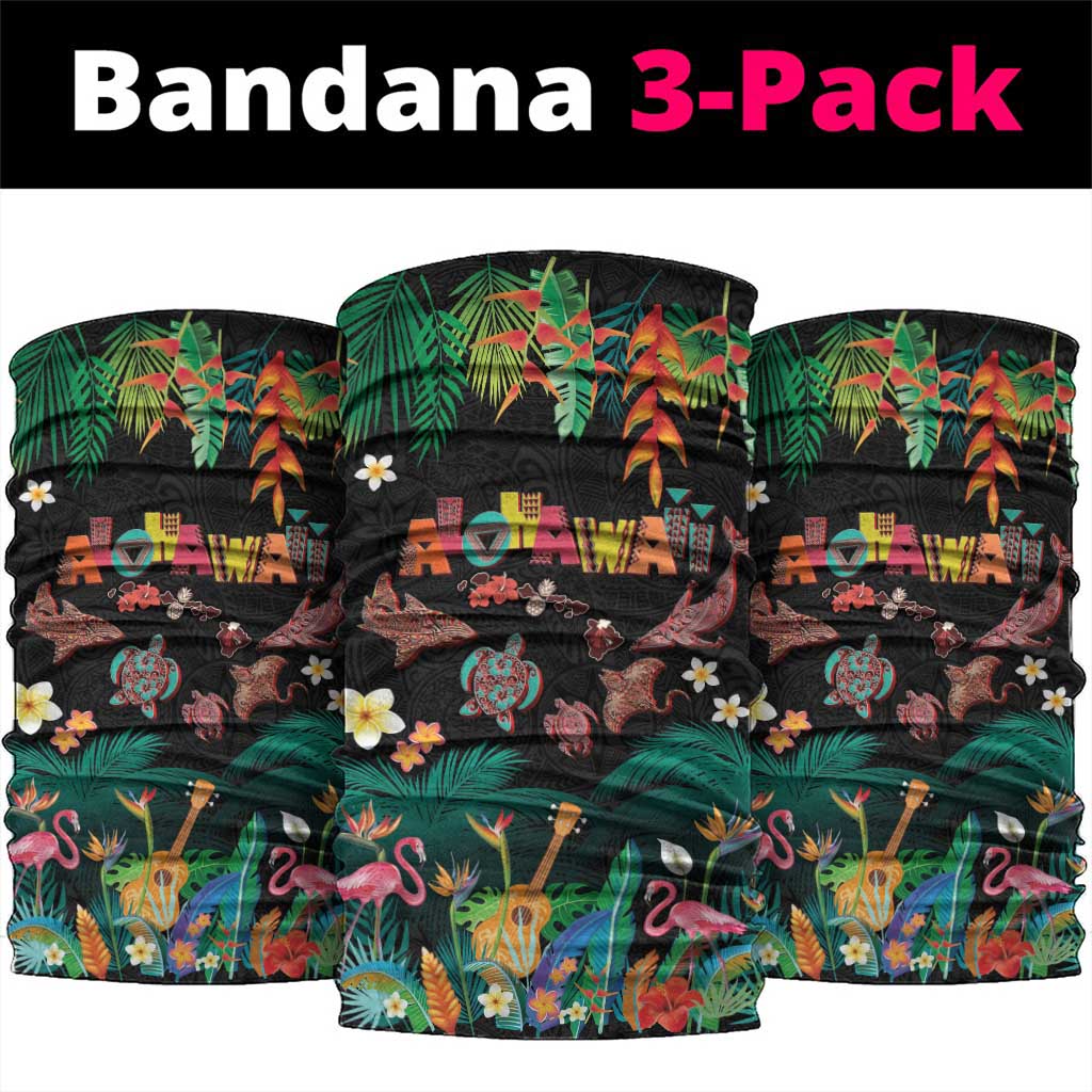 Hawaiian Alohawaii Neck Gaiter Tribal Sea Animals Tattoo and Tropical Plants LT03 package One Size: 25*50cm Black - Polynesian Pride