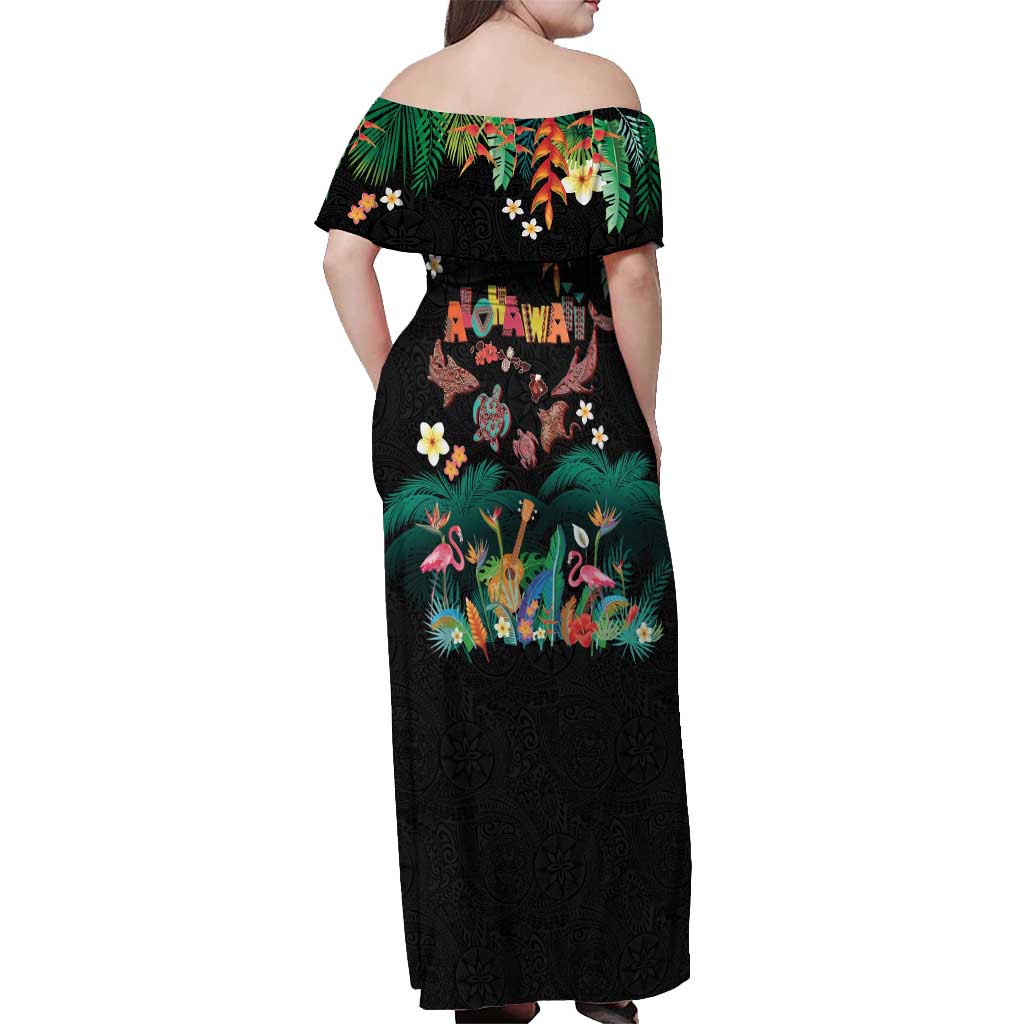 Hawaiian Alohawaii Off Shoulder Maxi Dress Tribal Sea Animals Tattoo and Tropical Plants - Polynesian Pride