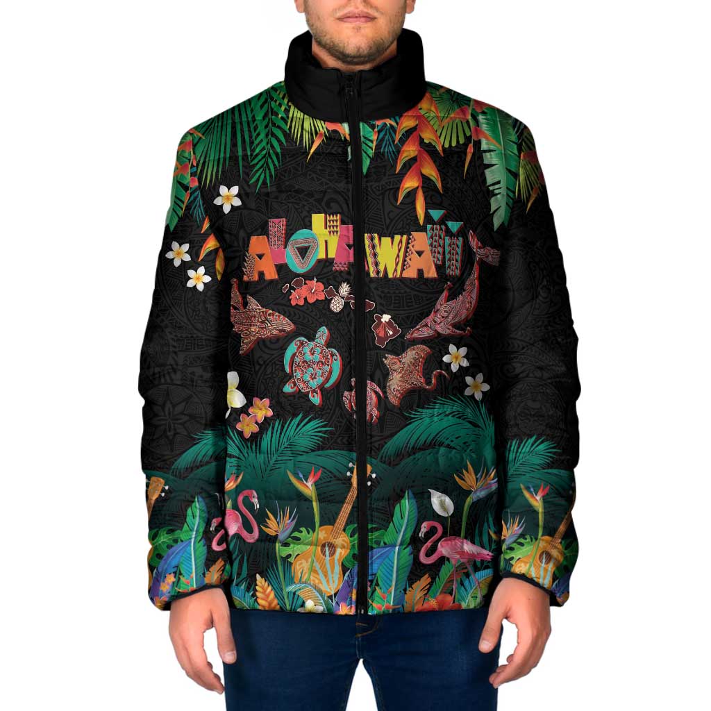 Hawaiian Alohawaii Padded Jacket Tribal Sea Animals Tattoo and Tropical Plants LT03 Men Black - Polynesian Pride