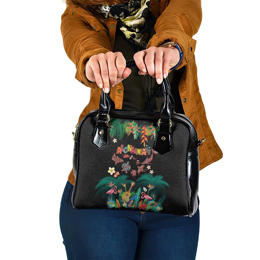 Hawaiian Alohawaii Shoulder Handbag Tribal Sea Animals Tattoo and Tropical Plants LT03 One Size Black - Polynesian Pride