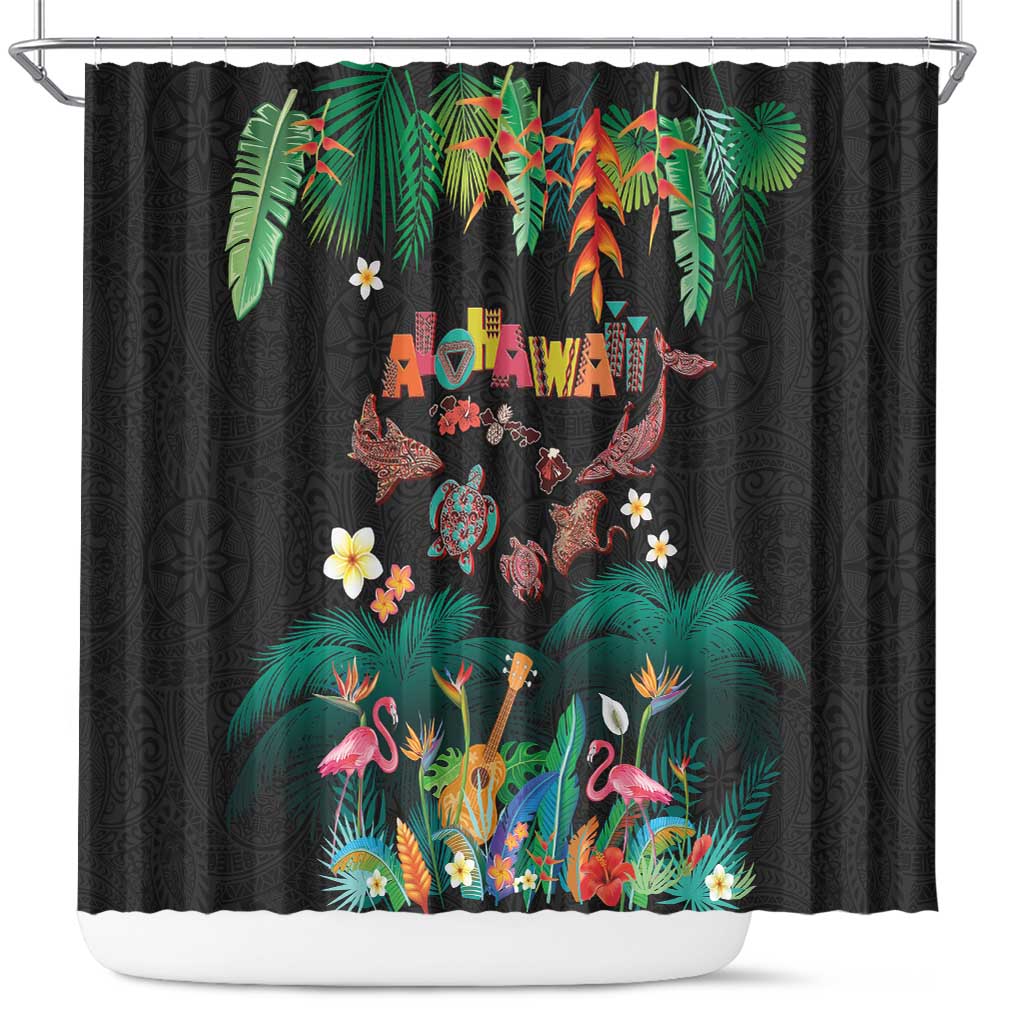 Hawaiian Alohawaii Shower Curtain Tribal Sea Animals Tattoo and Tropical Plants - Polynesian Pride