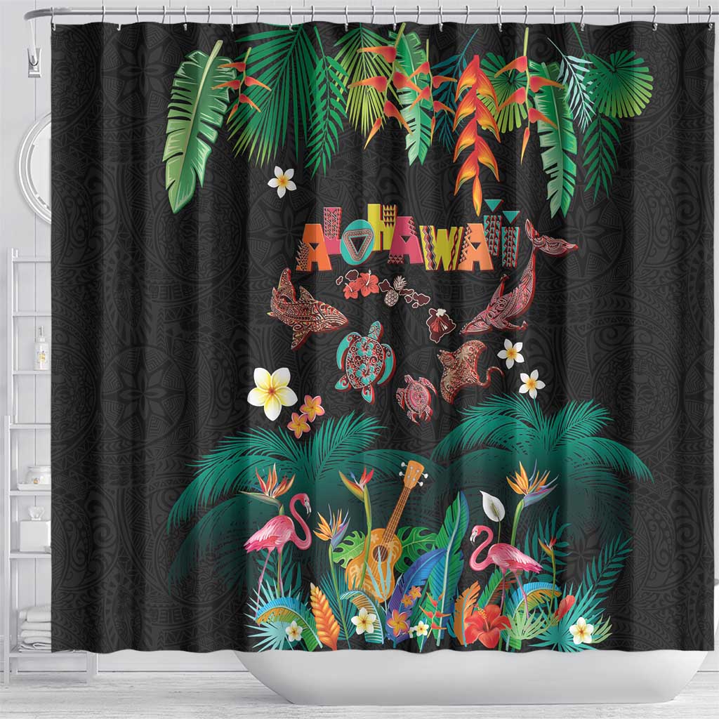 Hawaiian Alohawaii Shower Curtain Tribal Sea Animals Tattoo and Tropical Plants - Polynesian Pride