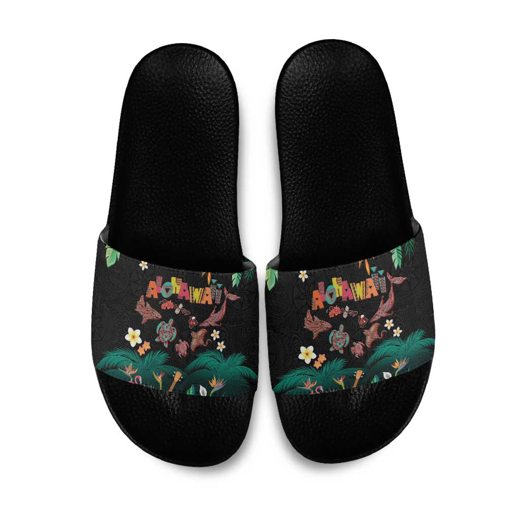 Hawaiian Alohawaii Slide Sandals Tribal Sea Animals Tattoo and Tropical Plants - Polynesian Pride