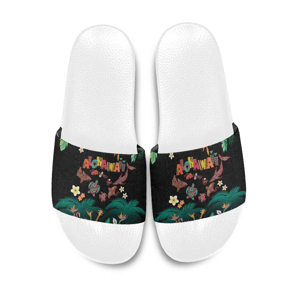 Hawaiian Alohawaii Slide Sandals Tribal Sea Animals Tattoo and Tropical Plants - Polynesian Pride