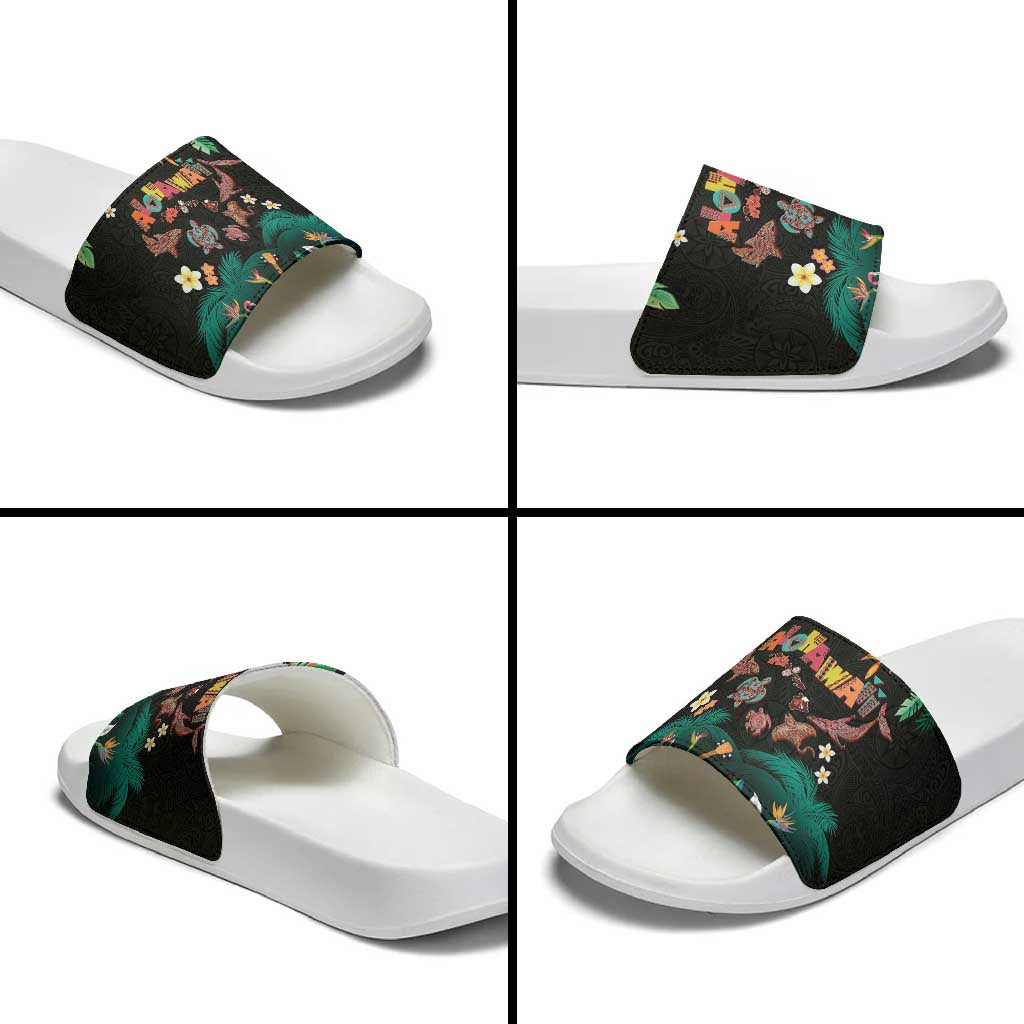 Hawaiian Alohawaii Slide Sandals Tribal Sea Animals Tattoo and Tropical Plants - Polynesian Pride