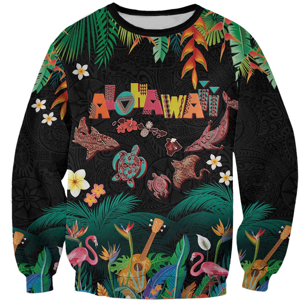 Hawaiian Alohawaii Sweatshirt Tribal Sea Animals Tattoo and Tropical Plants LT03 Unisex Black - Polynesian Pride