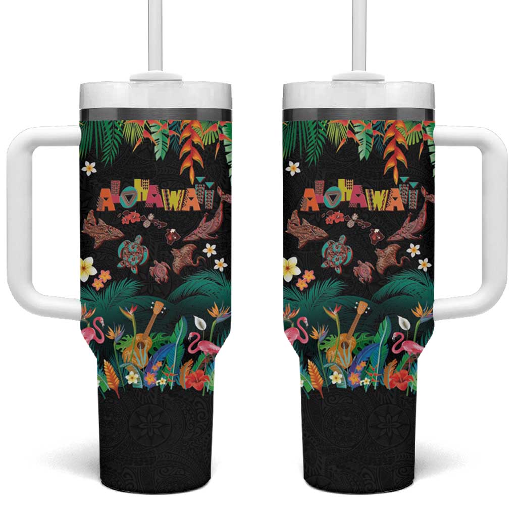 Hawaiian Alohawaii Tumbler With Handle Tribal Sea Animals Tattoo and Tropical Plants - Polynesian Pride