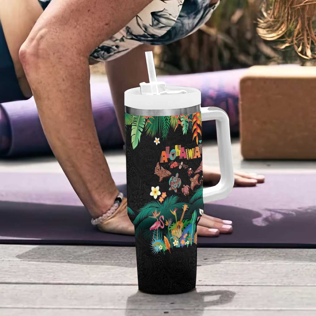 Hawaiian Alohawaii Tumbler With Handle Tribal Sea Animals Tattoo and Tropical Plants - Polynesian Pride