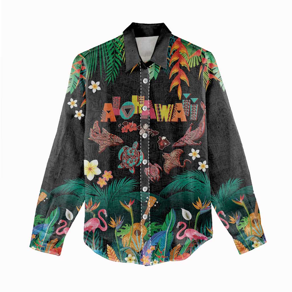 Hawaiian Alohawaii Women Casual Shirt Tribal Sea Animals Tattoo and Tropical Plants - Polynesian Pride