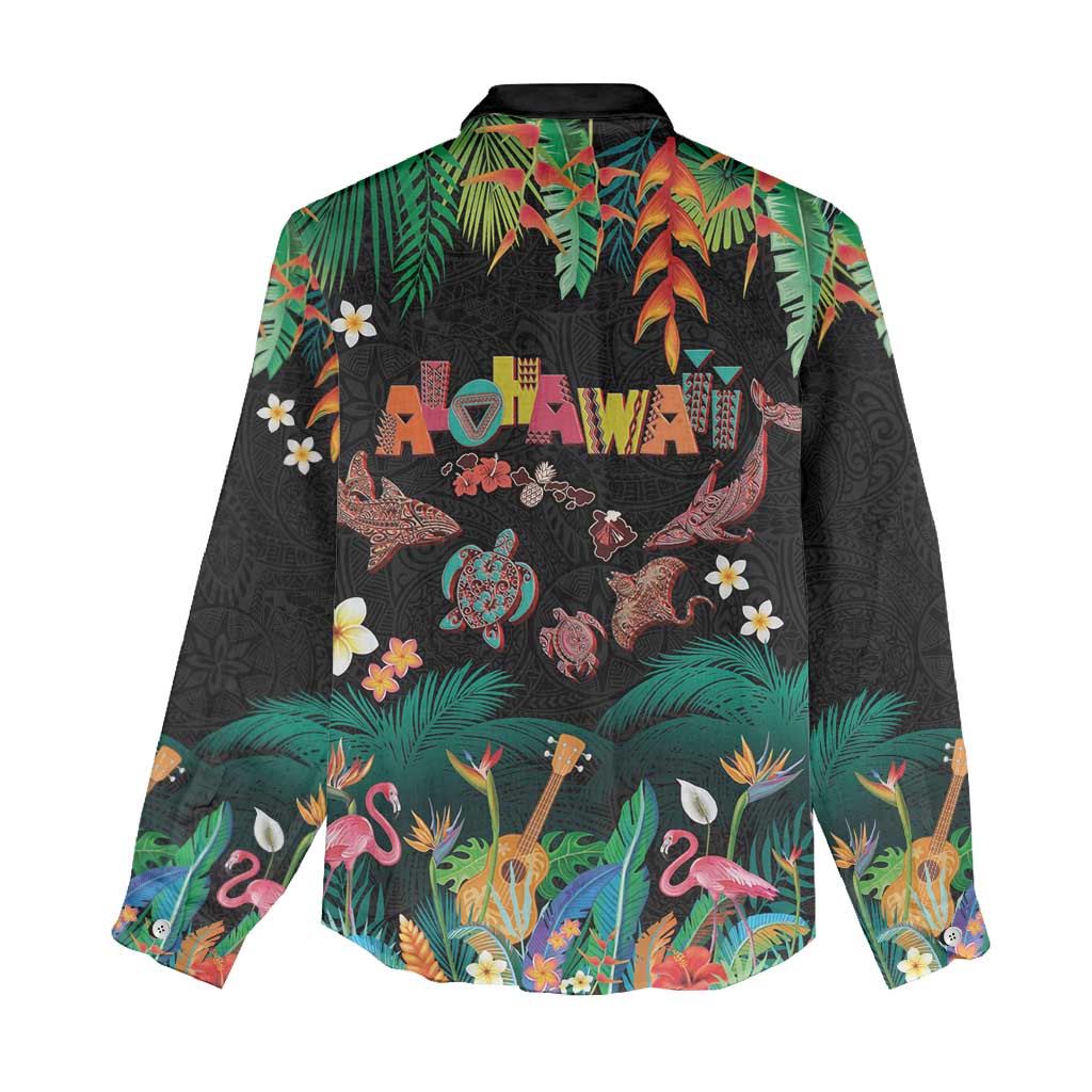 Hawaiian Alohawaii Women Casual Shirt Tribal Sea Animals Tattoo and Tropical Plants - Polynesian Pride
