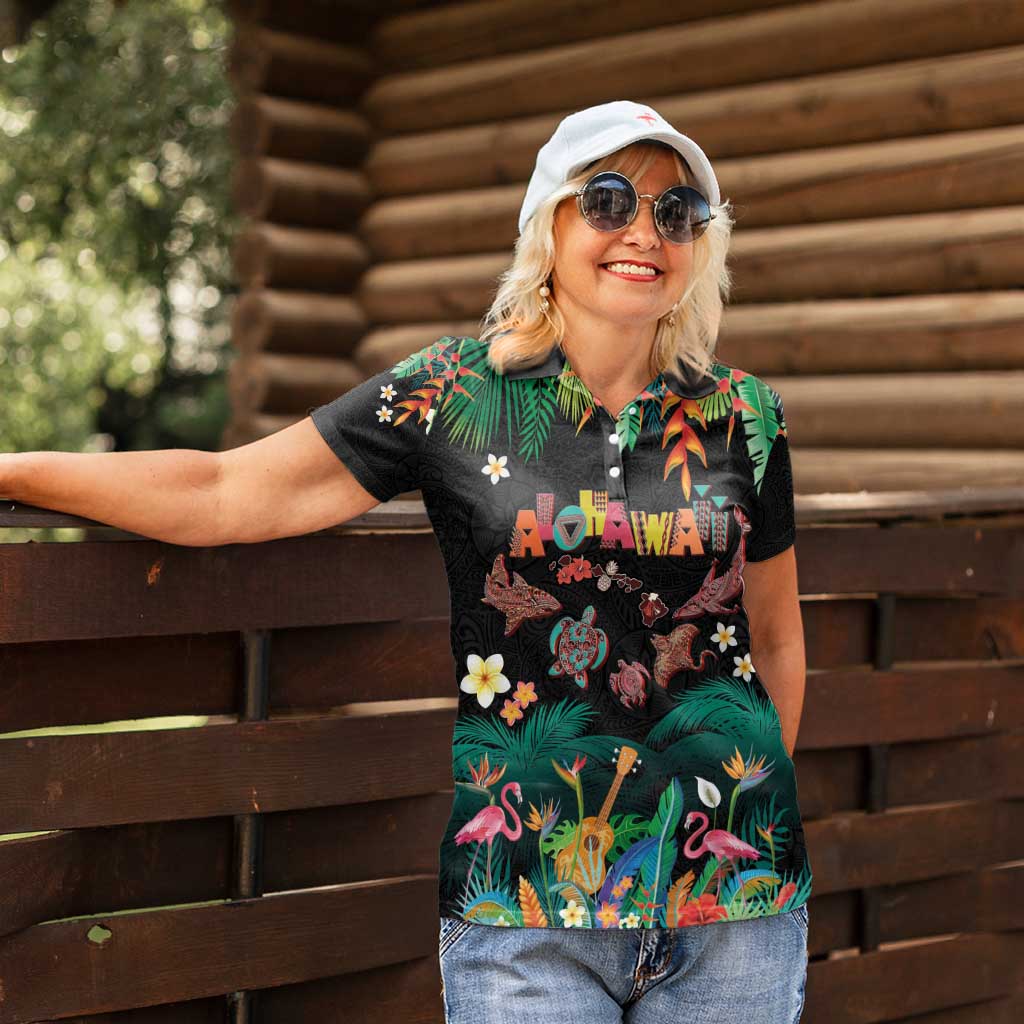 Hawaiian Alohawaii Women Polo Shirt Tribal Sea Animals Tattoo and Tropical Plants - Polynesian Pride