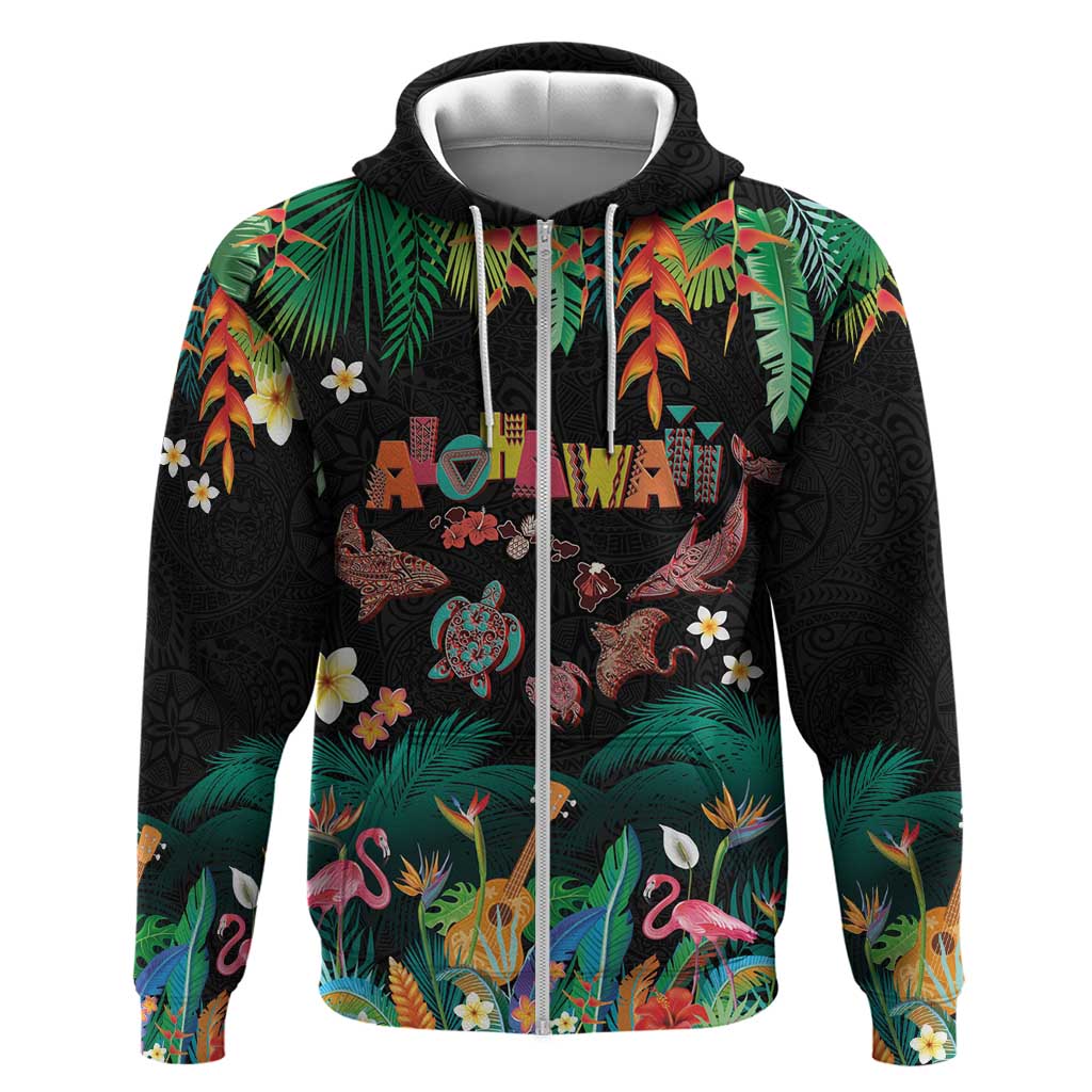 Hawaiian Alohawaii Zip Hoodie Tribal Sea Animals Tattoo and Tropical Plants LT03 Zip Hoodie Black - Polynesian Pride
