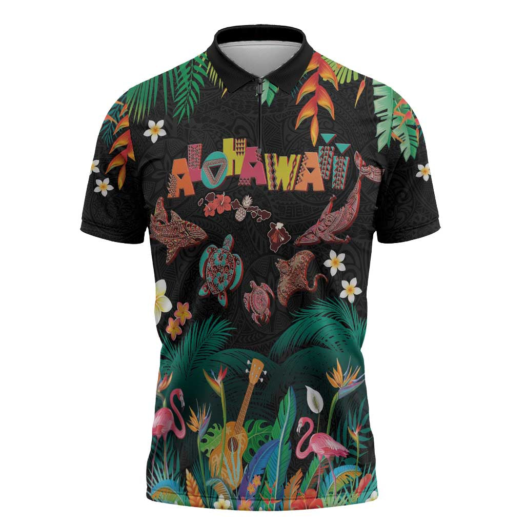 Hawaiian Alohawaii Zipper Polo Shirt Tribal Sea Animals Tattoo and Tropical Plants - Polynesian Pride