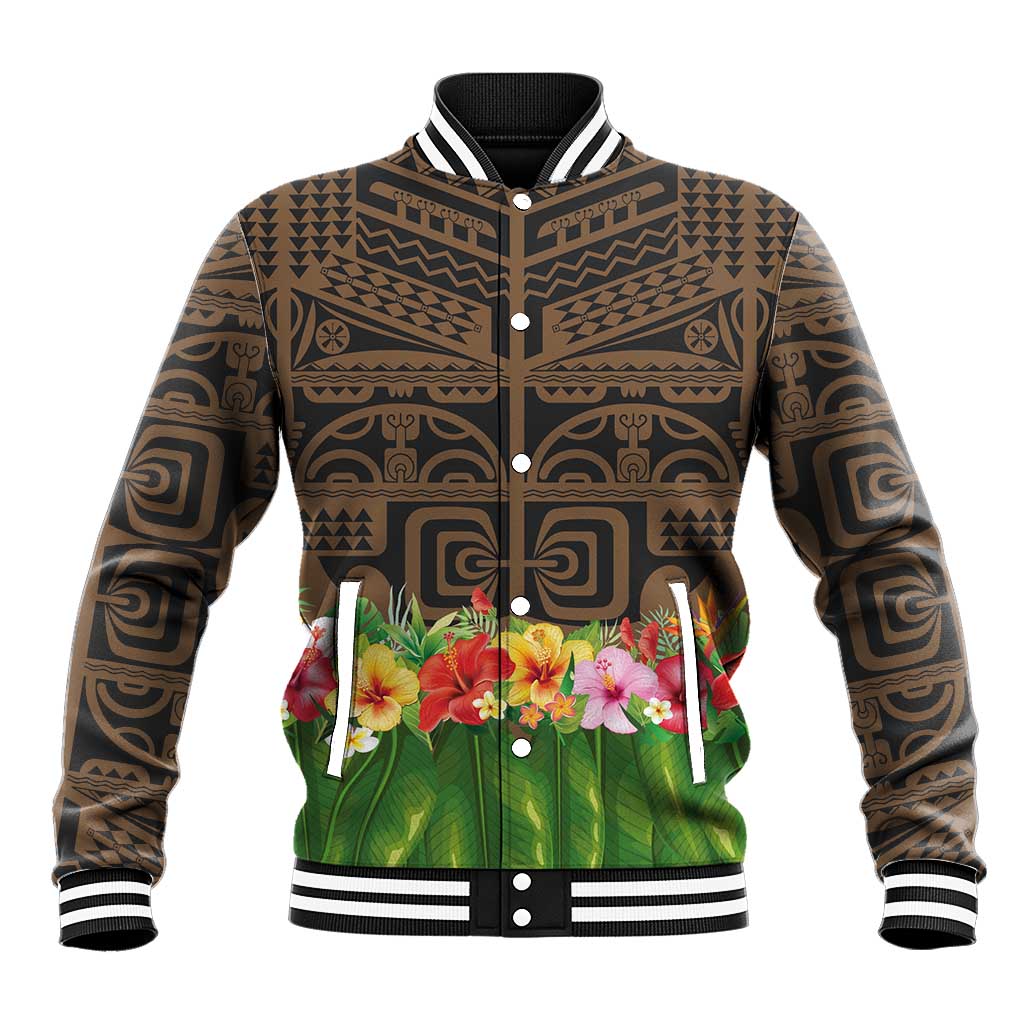 Hawaiian Hula Costume Baseball Jacket Tribal Tattoo and Tropical Plants Skirt LT03 Unisex Brown - Polynesian Pride