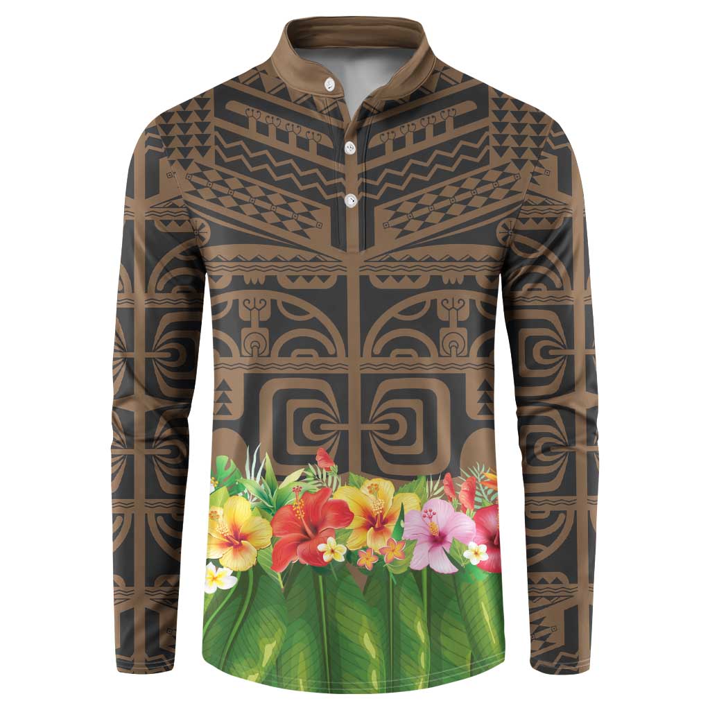 Hawaiian Hula Costume Button Sweatshirt Tribal Tattoo and Tropical Plants Skirt LT03 Brown - Polynesian Pride