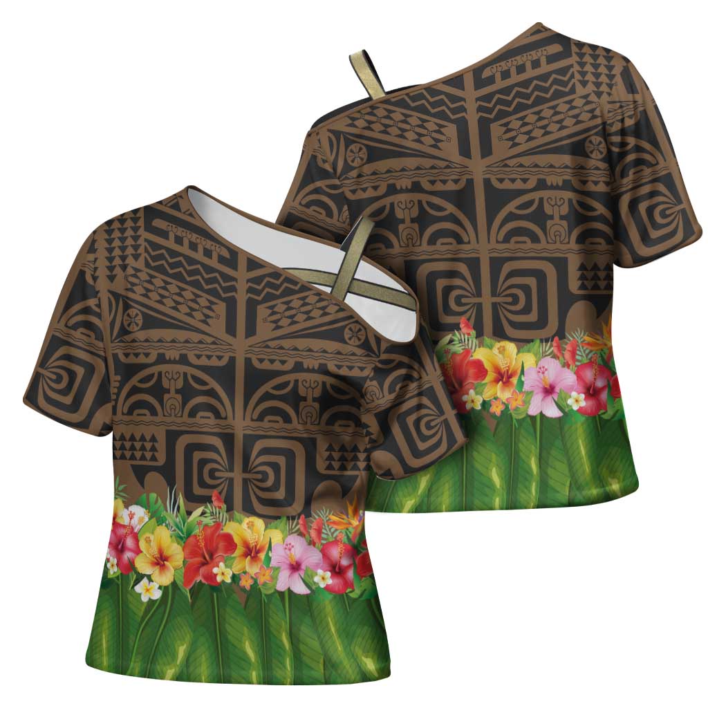 Hawaiian Hula Costume Cross Shoulder Shirt Tribal Tattoo and Tropical Plants Skirt - Polynesian Pride