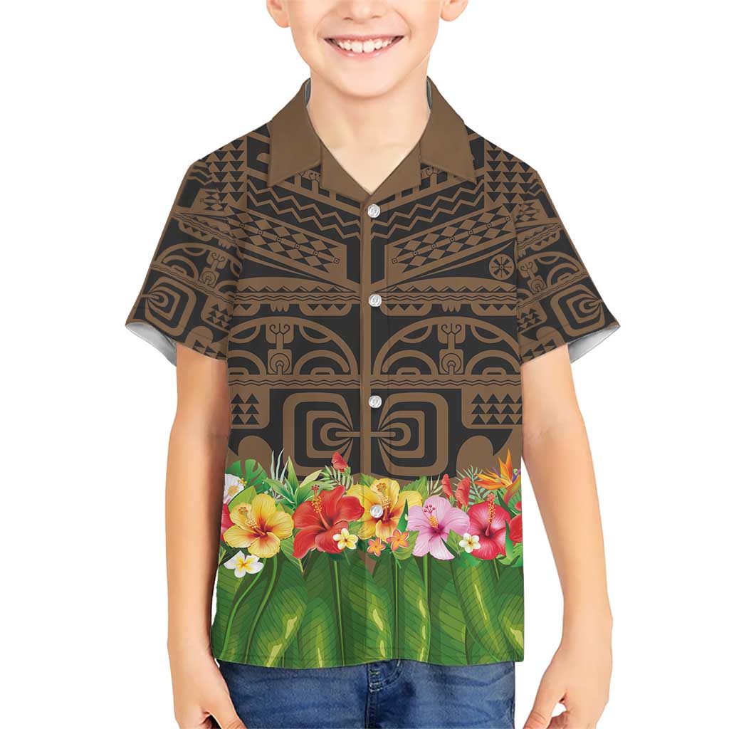 Hawaiian Hula Costume Kid Hawaiian Shirt Tribal Tattoo and Tropical Plants Skirt - Polynesian Pride