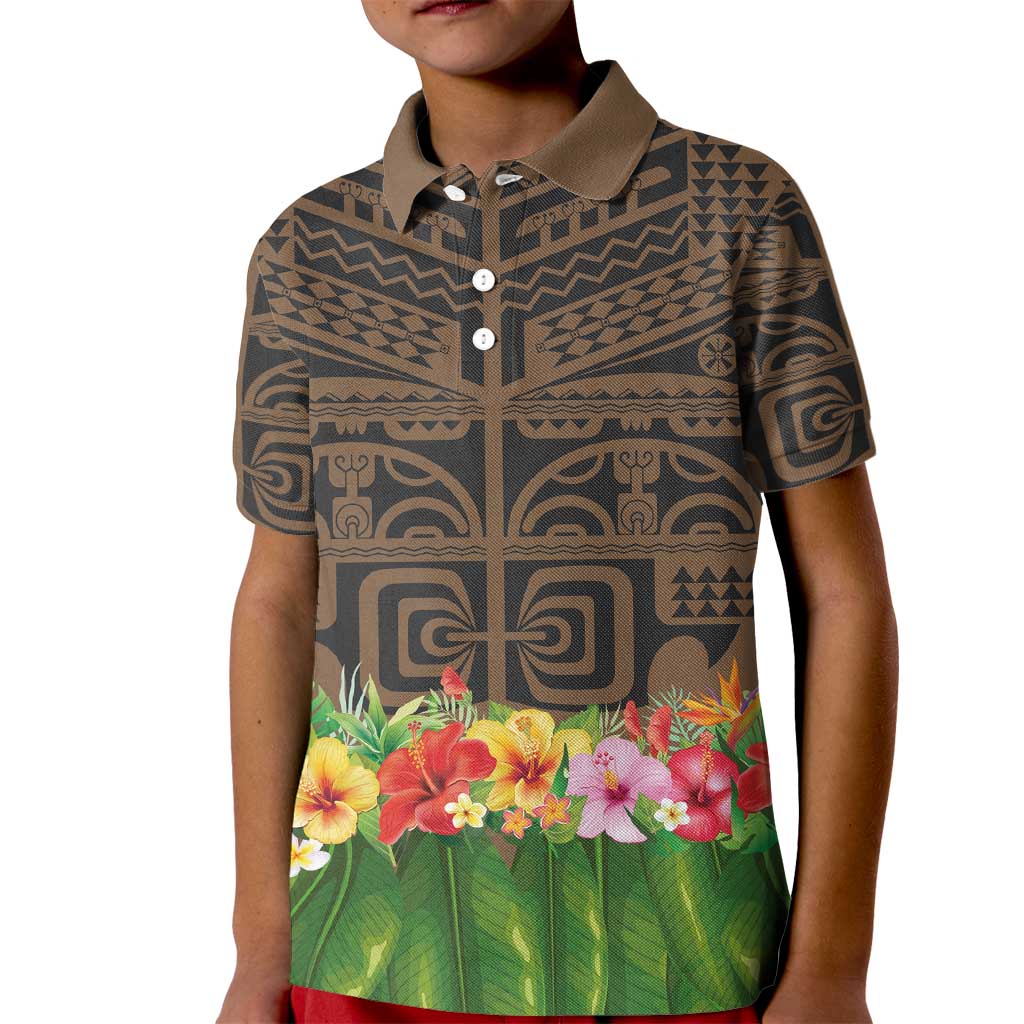 Hawaiian Hula Costume Kid Polo Shirt Tribal Tattoo and Tropical Plants Skirt - Polynesian Pride