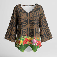 Hawaiian Hula Costume Kimono Sleeve Blouse Tribal Tattoo and Tropical Plants Skirt LT03 Female Brown - Polynesian Pride